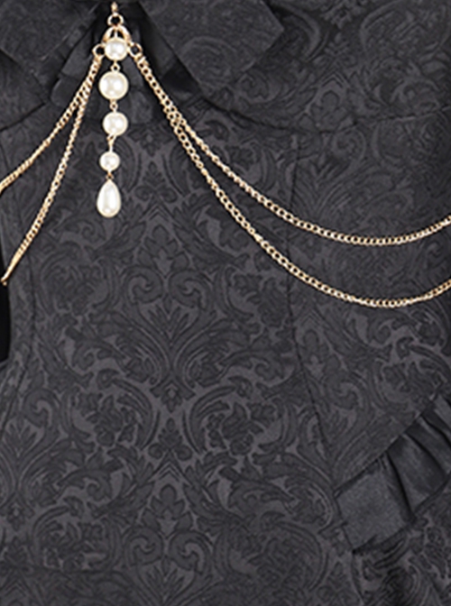 Camellia Series Elegant Black Rose Flower Bow Bead Chain Decoration Irregular Fishtail Hem Gothic Lolita Dress