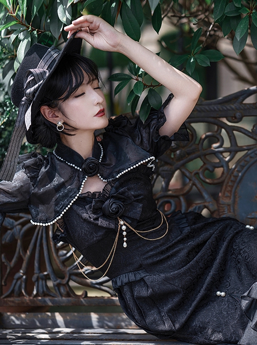 Camellia Series Elegant Black Rose Flower Bow Bead Chain Decoration Irregular Fishtail Hem Gothic Lolita Dress