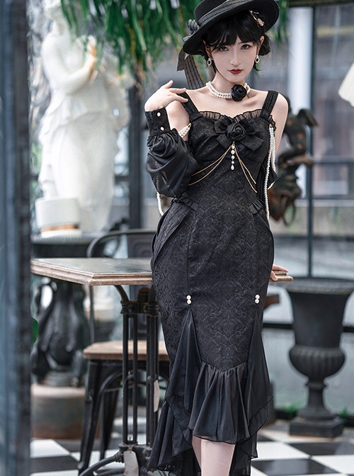 Camellia Series Elegant Black Rose Flower Bow Bead Chain Decoration Irregular Fishtail Hem Gothic Lolita Dress