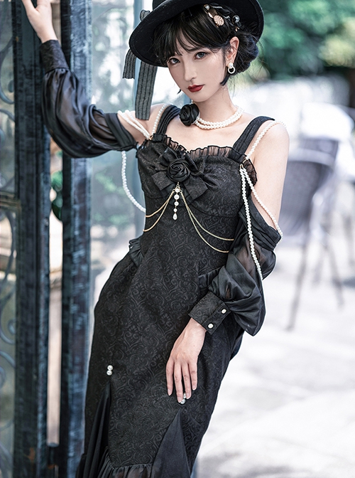 Camellia Series Elegant Black Rose Flower Bow Bead Chain Decoration Irregular Fishtail Hem Gothic Lolita Dress