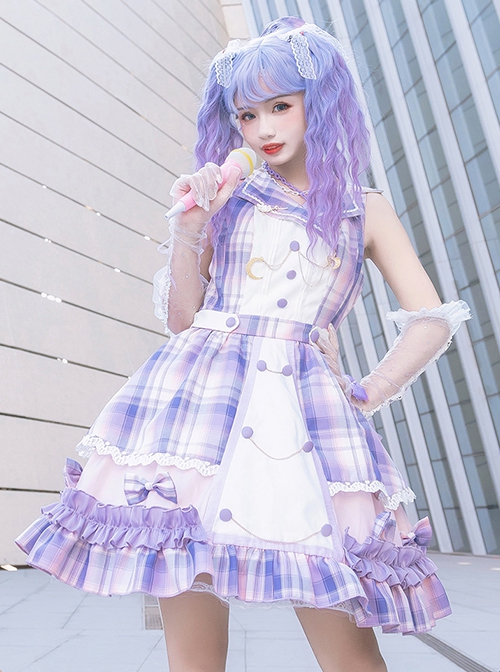 Irregular Neckline Purple Plaid Print Lace Bow Decorative Ruffled Hem Classic Lolita Sleeveless Dress