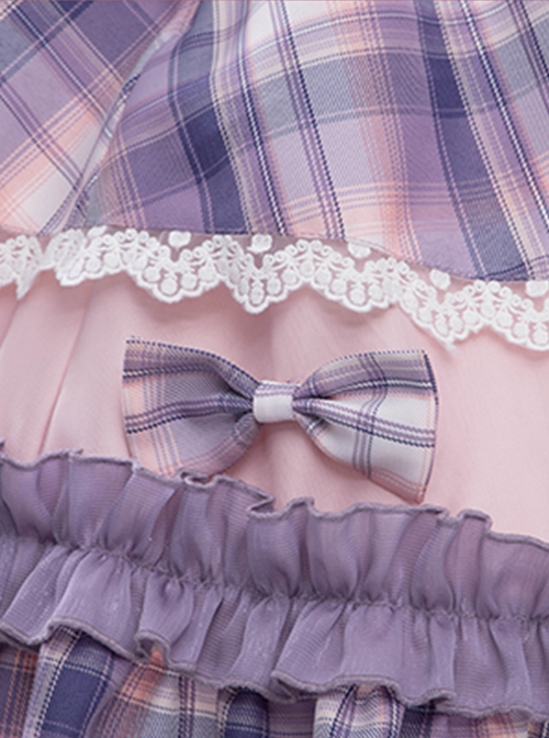 Irregular Neckline Purple Plaid Print Lace Bow Decorative Ruffled Hem Classic Lolita Sleeveless Dress