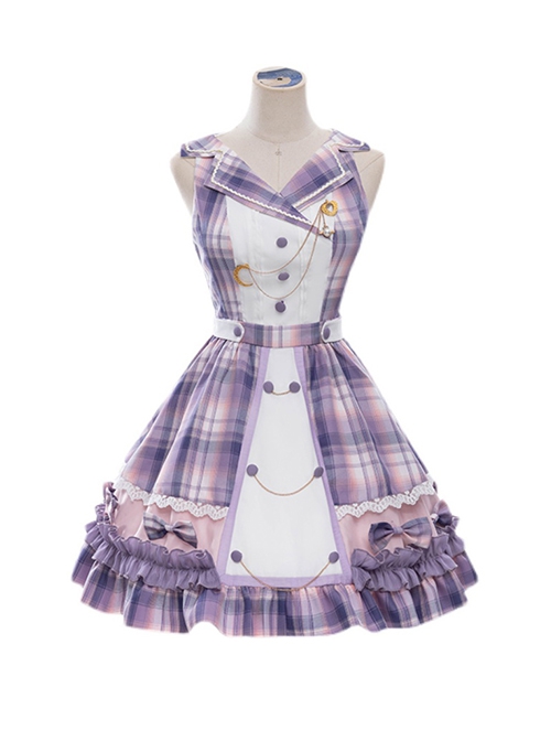 Irregular Neckline Purple Plaid Print Lace Bow Decorative Ruffled Hem Classic Lolita Sleeveless Dress