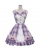 Irregular Neckline Purple Plaid Print Lace Bow Decorative Ruffled Hem Classic Lolita Sleeveless Dress