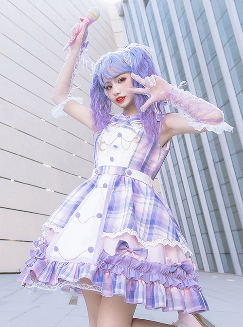 Irregular Neckline Purple Plaid Print Lace Bow Decorative Ruffled Hem Classic Lolita Sleeveless Dress