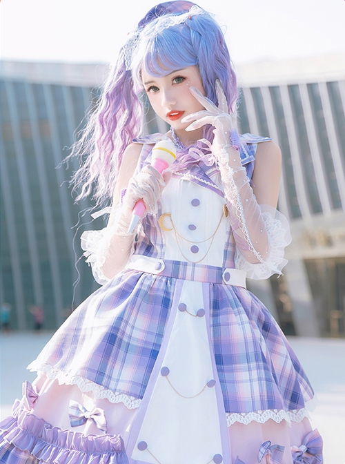 Irregular Neckline Purple Plaid Print Lace Bow Decorative Ruffled Hem Classic Lolita Sleeveless Dress