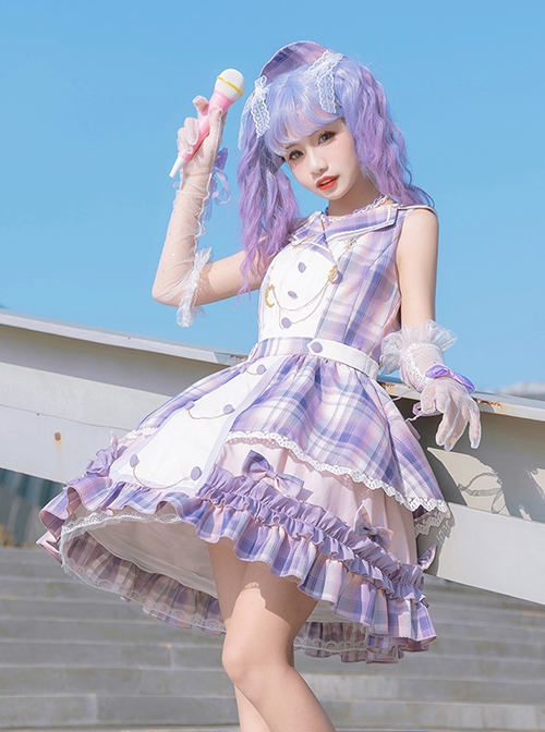 Irregular Neckline Purple Plaid Print Lace Bow Decorative Ruffled Hem Classic Lolita Sleeveless Dress