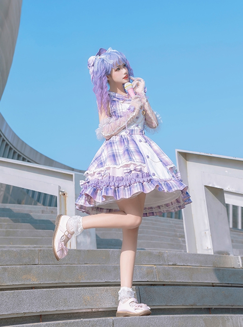 Irregular Neckline Purple Plaid Print Lace Bow Decorative Ruffled Hem Classic Lolita Sleeveless Dress