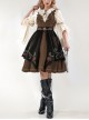 Brown Elegant Lace-Up Ruffle Neck Rose Brooch Rose Embroidered Girdle Lantern Sleeve Punk Lolita Dress