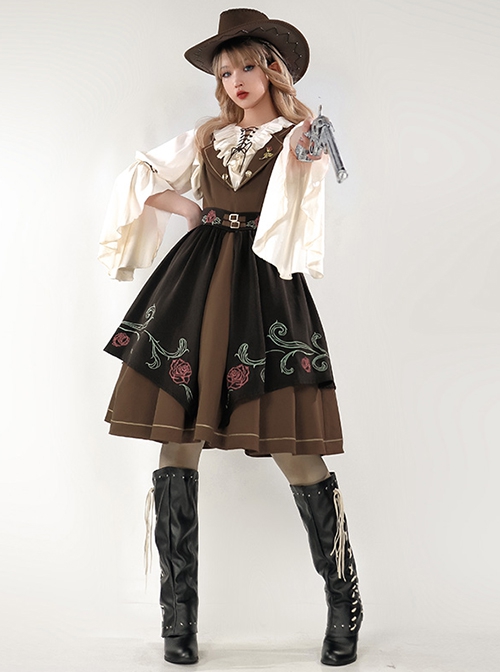 Brown Elegant Lace-Up Ruffle Neck Rose Brooch Rose Embroidered Girdle Lantern Sleeve Punk Lolita Dress