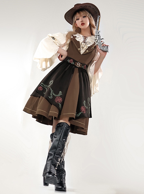 Brown Elegant Lace-Up Ruffle Neck Rose Brooch Rose Embroidered Girdle Lantern Sleeve Punk Lolita Dress