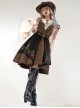 Brown Elegant Lace-Up Ruffle Neck Rose Brooch Rose Embroidered Girdle Lantern Sleeve Punk Lolita Dress