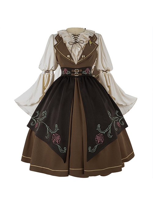 Brown Elegant Lace-Up Ruffle Neck Rose Brooch Rose Embroidered Girdle Lantern Sleeve Punk Lolita Dress