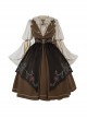 Brown Elegant Lace-Up Ruffle Neck Rose Brooch Rose Embroidered Girdle Lantern Sleeve Punk Lolita Dress