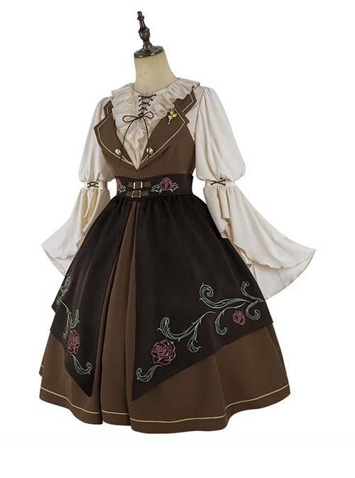 Brown Elegant Lace-Up Ruffle Neck Rose Brooch Rose Embroidered Girdle Lantern Sleeve Punk Lolita Dress