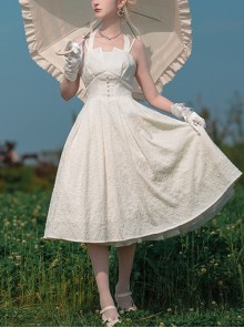 Hepburn Style Elegant White Halterneck Pearl Embellished Simple Jacquard Fabric Classic Lolita Sleeveless Dress