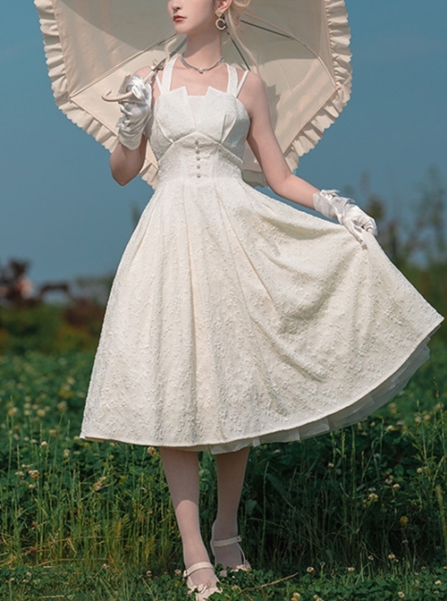 Hepburn Style Elegant White Halterneck Pearl Embellished Simple Jacquard Fabric Classic Lolita Sleeveless Dress