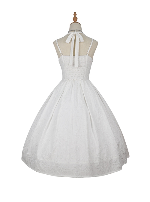 Hepburn Style Elegant White Halterneck Pearl Embellished Simple Jacquard Fabric Classic Lolita Sleeveless Dress