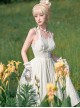 Hepburn Style Elegant White Halterneck Pearl Embellished Simple Jacquard Fabric Classic Lolita Sleeveless Dress
