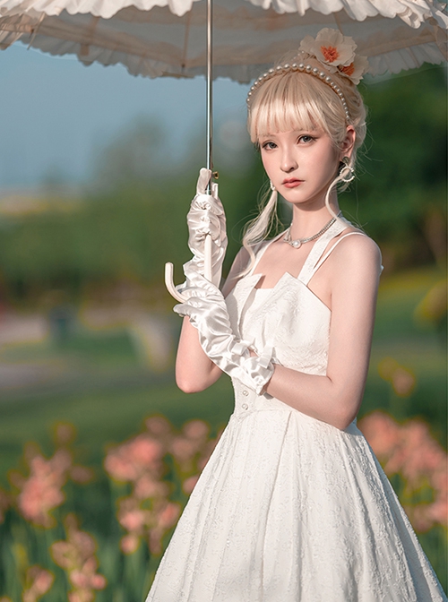 Hepburn Style Elegant White Halterneck Pearl Embellished Simple Jacquard Fabric Classic Lolita Sleeveless Dress