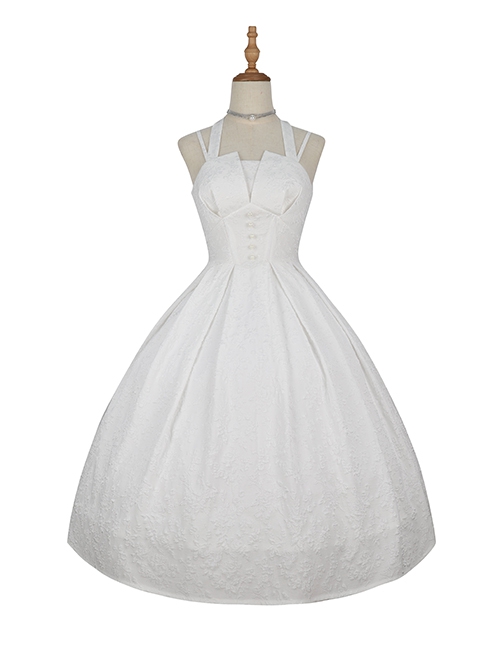 Hepburn Style Elegant White Halterneck Pearl Embellished Simple Jacquard Fabric Classic Lolita Sleeveless Dress