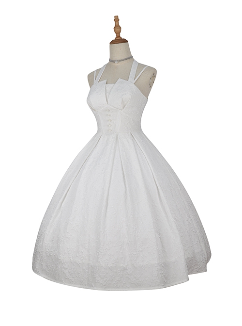 Hepburn Style Elegant White Halterneck Pearl Embellished Simple Jacquard Fabric Classic Lolita Sleeveless Dress