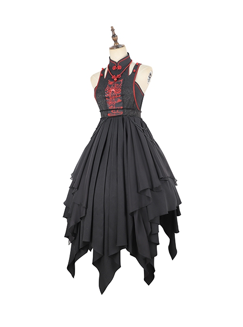 Black Chinoiserie Stand Collar Buckle Printed Shoulder Cutouts Metal Chain Irregular Hem Classic Lolita Sleeveless Dress