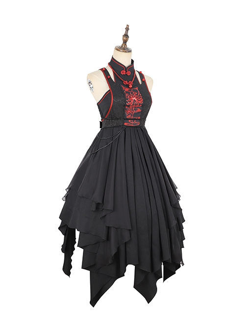 Black Chinoiserie Stand Collar Buckle Printed Shoulder Cutouts Metal Chain Irregular Hem Classic Lolita Sleeveless Dress