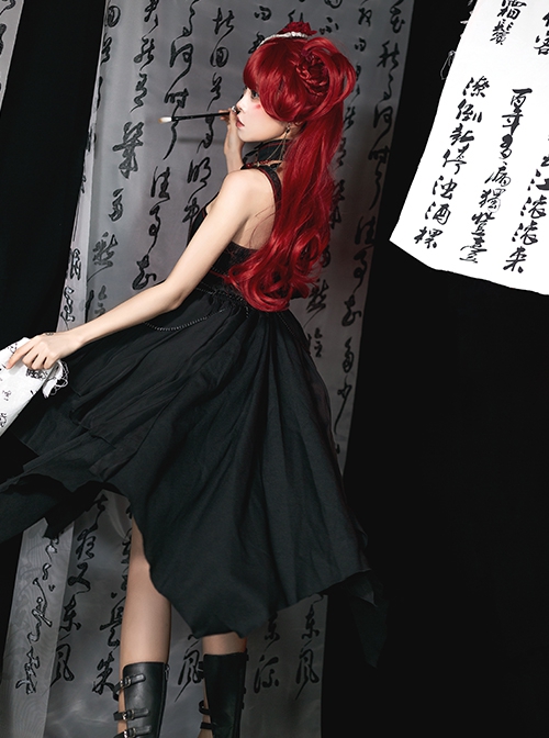 Black Chinoiserie Stand Collar Buckle Printed Shoulder Cutouts Metal Chain Irregular Hem Classic Lolita Sleeveless Dress