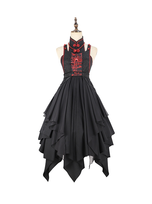 Black Chinoiserie Stand Collar Buckle Printed Shoulder Cutouts Metal Chain Irregular Hem Classic Lolita Sleeveless Dress