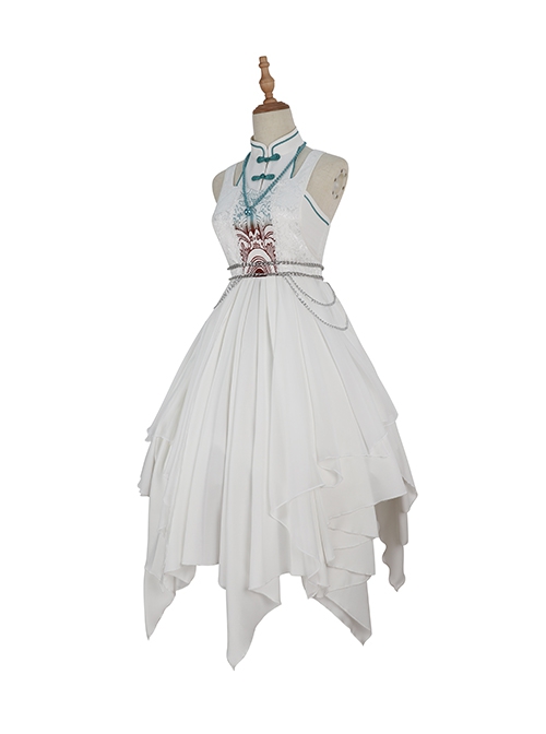 Chinoiserie Stand Collar Shoulder Cutout Metal Waist Chain Print White Irregular Hem Classic Lolita Sleeveless Dress