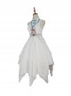 Chinoiserie Stand Collar Shoulder Cutout Metal Waist Chain Print White Irregular Hem Classic Lolita Sleeveless Dress