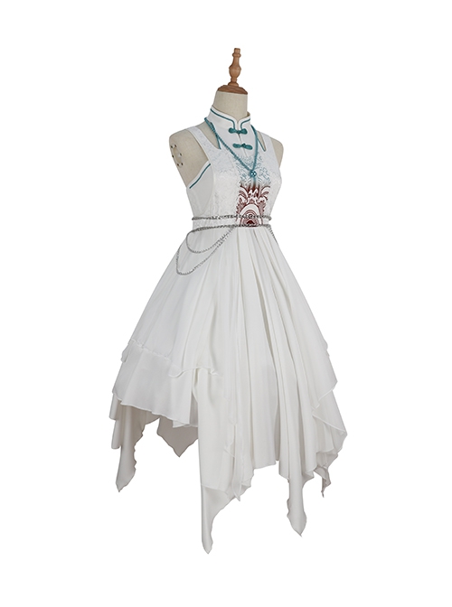 Chinoiserie Stand Collar Shoulder Cutout Metal Waist Chain Print White Irregular Hem Classic Lolita Sleeveless Dress