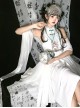 Chinoiserie Stand Collar Shoulder Cutout Metal Waist Chain Print White Irregular Hem Classic Lolita Sleeveless Dress