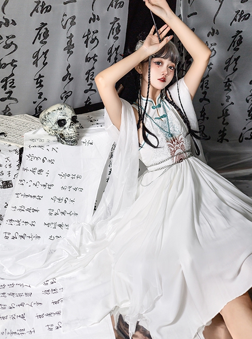 Chinoiserie Stand Collar Shoulder Cutout Metal Waist Chain Print White Irregular Hem Classic Lolita Sleeveless Dress