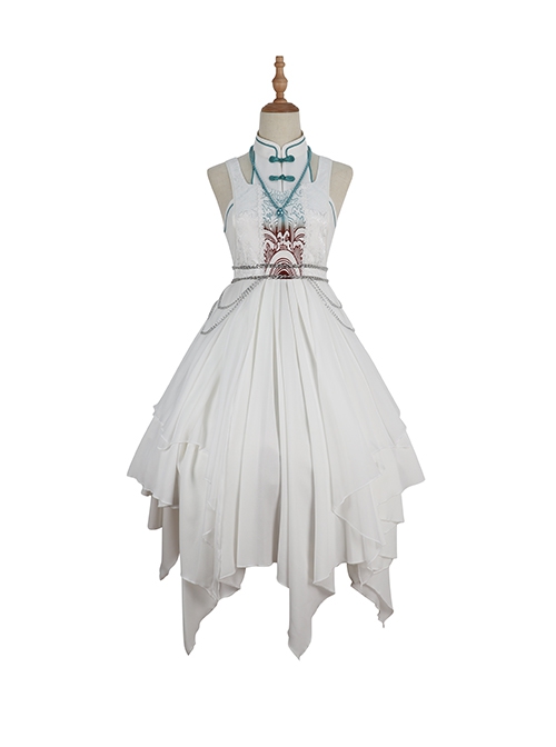 Chinoiserie Stand Collar Shoulder Cutout Metal Waist Chain Print White Irregular Hem Classic Lolita Sleeveless Dress