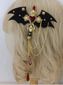 Gothic Style Bat Wings Crucifix Red Stone Decoration Gold Pattern Halloween Gothic Lolita Hair Clip