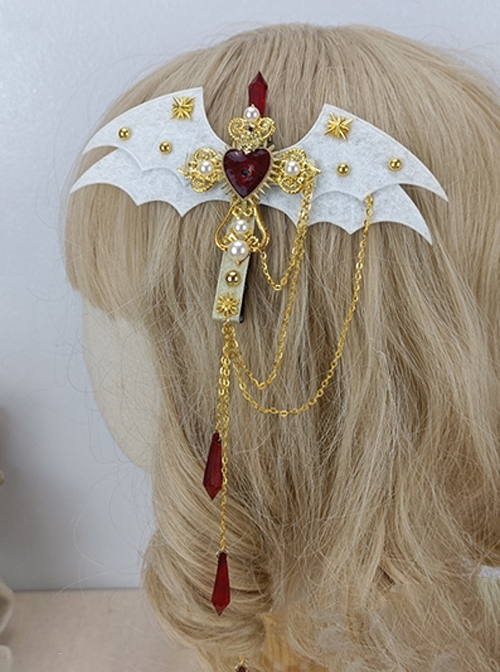 Gothic Style Bat Wings Crucifix Red Stone Decoration Gold Pattern Halloween Gothic Lolita Hair Clip