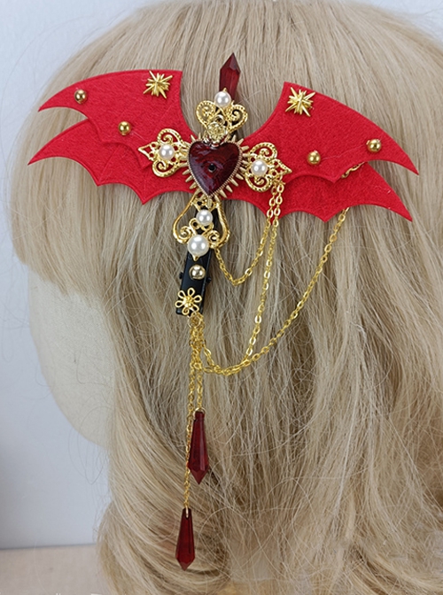 Gothic Style Bat Wings Crucifix Red Stone Decoration Gold Pattern Halloween Gothic Lolita Hair Clip