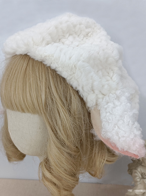 Cute Milky White Lamb Ears Cloud Plush Lamb Keep Warm Sweet Lolita Beret