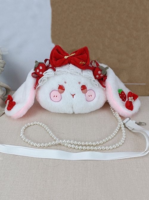 Strawberry Cute Bunny Bow Lace Plush One Shoulder Crossbody Girl Sweet Lolita Bag