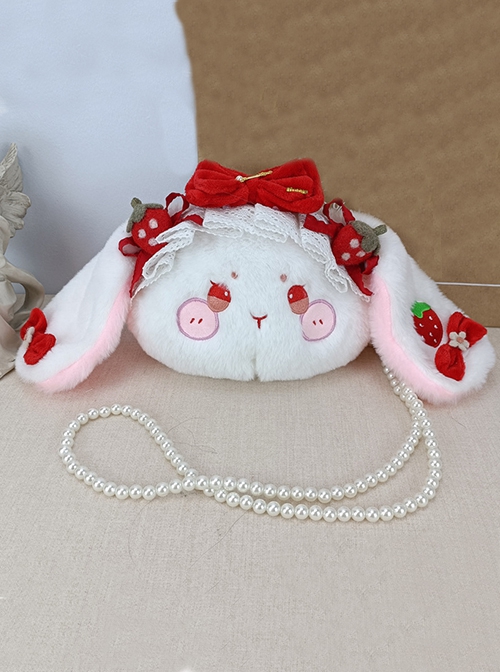 Strawberry Cute Bunny Bow Lace Plush One Shoulder Crossbody Girl Sweet Lolita Bag