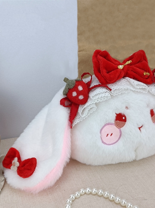 Strawberry Cute Bunny Bow Lace Plush One Shoulder Crossbody Girl Sweet Lolita Bag