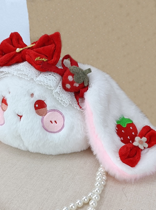 Strawberry Cute Bunny Bow Lace Plush One Shoulder Crossbody Girl Sweet Lolita Bag