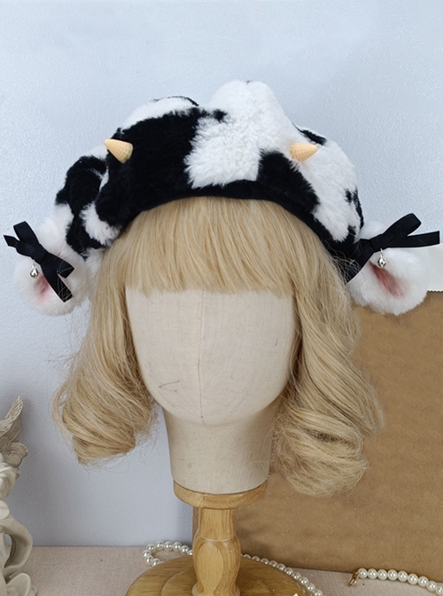 Black-White Cows Plush Bow Bell Dome Outing Warm Cute Sweet Lolita Pumpkin Hat Beret