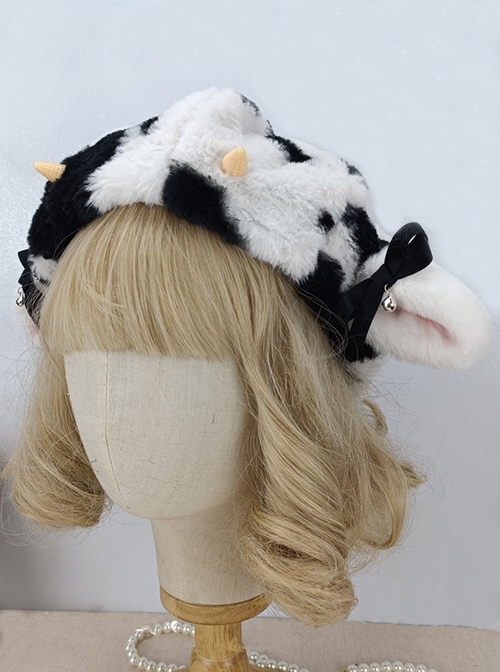 Black-White Cows Plush Bow Bell Dome Outing Warm Cute Sweet Lolita Pumpkin Hat Beret