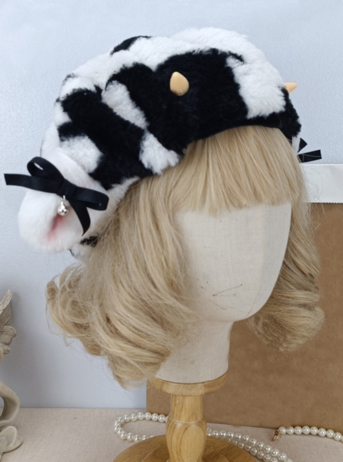Black-White Cows Plush Bow Bell Dome Outing Warm Cute Sweet Lolita Pumpkin Hat Beret