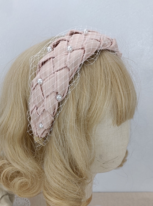 Solid Color Vintage Court Elegant Braided Pearls Decorated Fishnet Hair Accessories Classic Lolita Headband