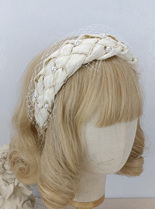 Solid Color Vintage Court Elegant Braided Pearls Decorated Fishnet Hair Accessories Classic Lolita Headband