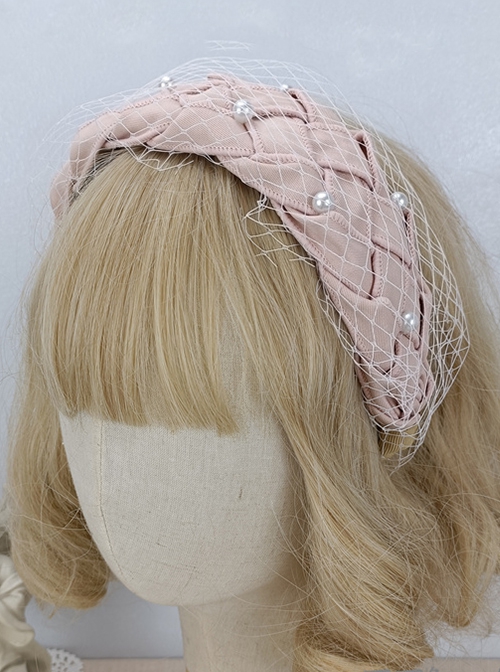 Solid Color Vintage Court Elegant Braided Pearls Decorated Fishnet Hair Accessories Classic Lolita Headband